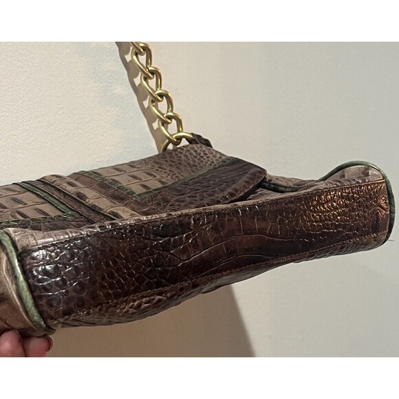 BRAHMIN Purse Croc Embossed Leather Shoulder Handbag Brown Green Chain Turn Lock - Picture 12 of 16
